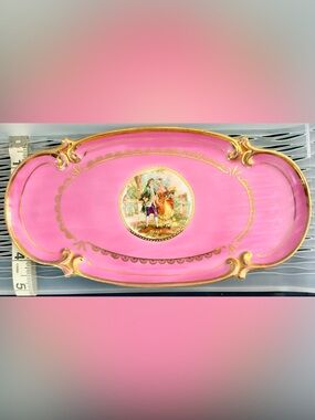 Vintage Irice Japan Pink Porcelain Vanity Tray Victorian Courting Couple Gold